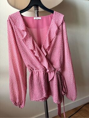 Max Studio Pink Polka Dot Ruffle Wrap Blouse Size M